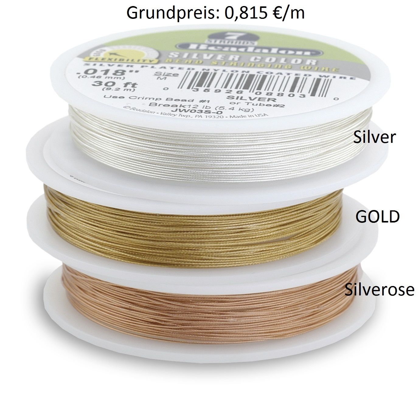 Beadalon Schmuckdraht 7-Strang Metallic Gold oder Silber 9,2m Rolle